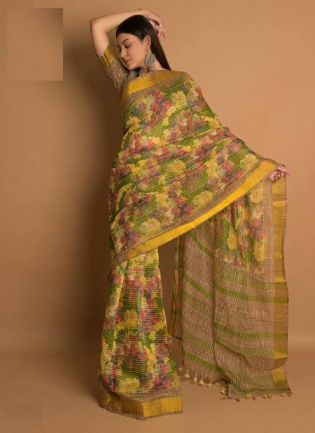 Green Colour Katha Cotton By Ashima Printed Saree Catalog 8103