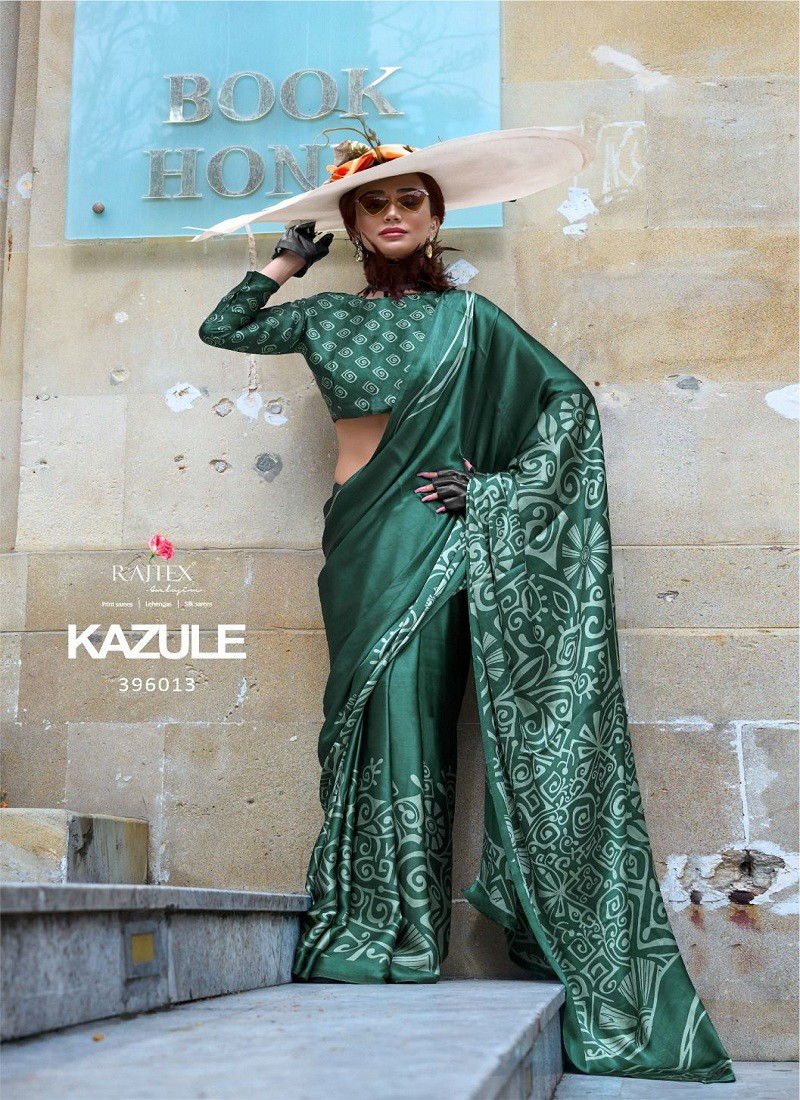 Green Colour Kazule By Rajtex Printed Satin Crepe Saree Orders In India 396013