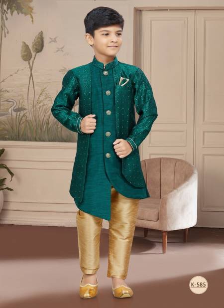 Green Colour Kids Boys Wear Kurta Pajama And Indo Western Catalog K 585