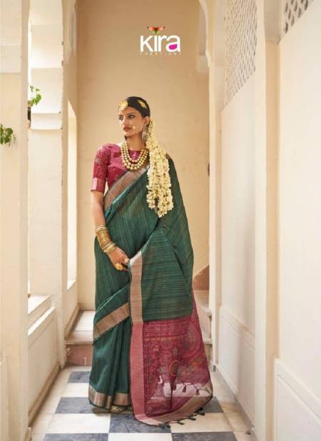 Green Colour Kinaara By Kira Tusser Linen Saree Wholesalers In Delhi 3203