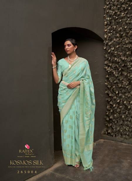 Green Colour Kosmos Silk By Rajtex Chinon Two Tone Weaving Designer Saree Catalog 265004