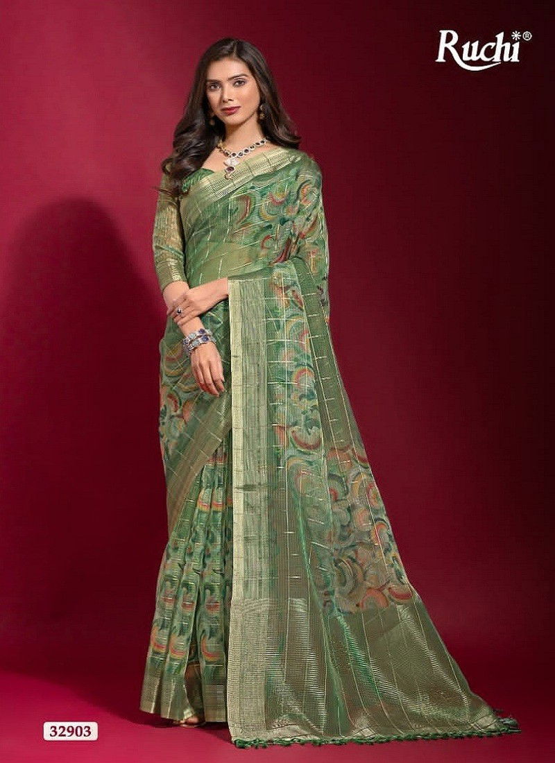 Green Colour Krisha By Ruchi Linen Silk Printed Saree Wholesale Clothing Distributors In India 32903