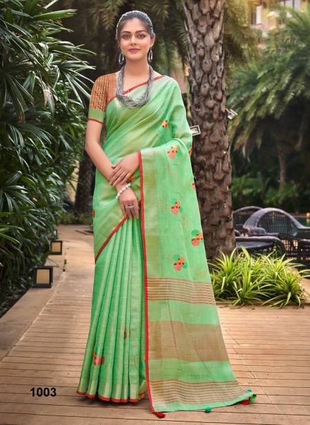 Green Colour Linen Fashion By Sangam Linen Designer Saree Catalog 1003