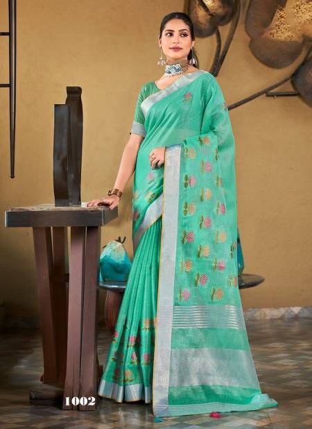 Green Colour Linen Queen By Sangam Linen Designer Saree Catalog 1002