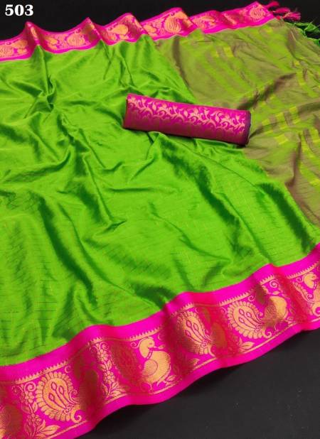 Green Colour M AV 501 TO 503 Series Aura Cotton Silk Wear Sarees Suppliers In India 503