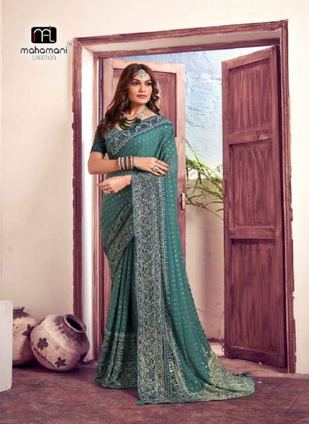 Green Colour Madhurika By Mahamani Creation Fancy Fabric Designer Saree Catalog 1004