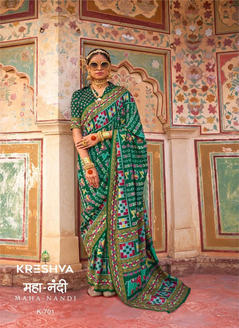 Green Colour Maha Nandi By Kreshva Silk Printed Saree Wholesale In India K-701