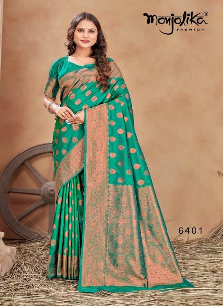 Green Colour Mahadevi By Monjolika Banarasi Silk Saree Catalog 6401