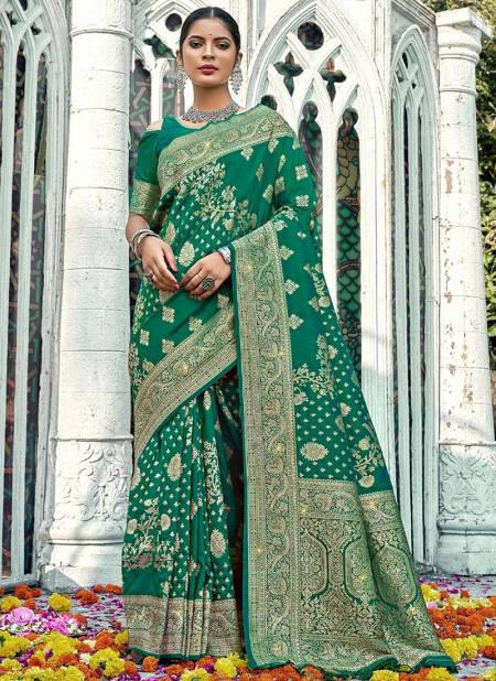 Green Colour Manbhari Sangam Wedding Wear Wholesale Banarasi Silk Sarees Catalog 1005