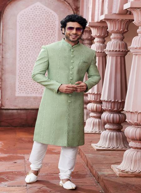 Green Colour Mens Designer Party Wear Sherwani Catalog 2683