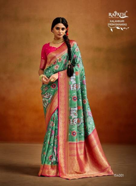 Green Colour Moghra Silk By Rajpath Designer Saree Catalog 154001