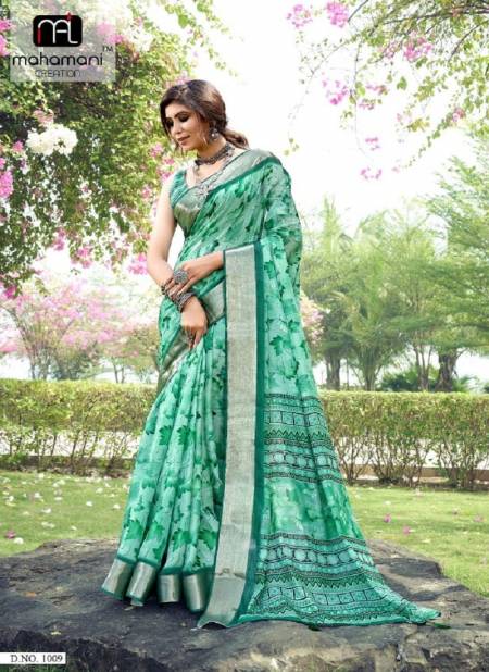 Green Colour Nancy By Mahamani Creation Tussar Silk Printed Saree Catalog 1009