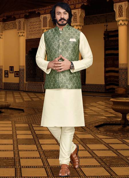 Green Colour Outluk 120 Occasion Wear Mens Modi Jacket Kurta Pajama Catalog 12001