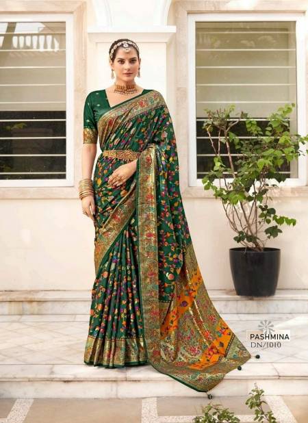 Green Colour Pashmina By Shubh Shree Velvet Tussar Silk Designer Saree Catalog 1010