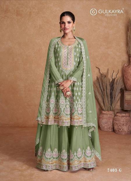 Green Colour Radhika By Gulkayra Chinon Sharara Readymade Suit Catalog 7309 G