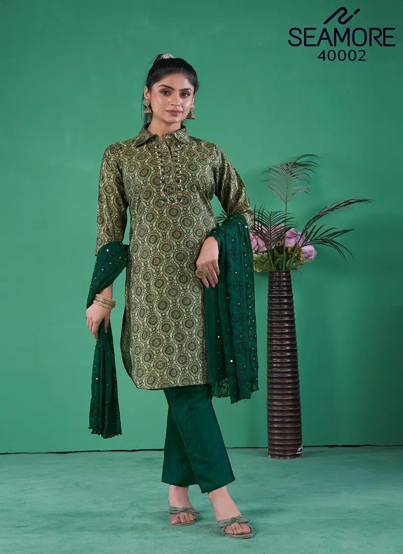 Green Colour Rim-Zeem By Seamore Cotton Blend Printed Kurti With Bottom Dupatta Suppliers In India 40002