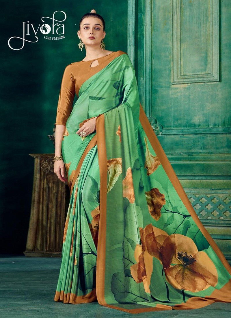 Green Colour Rio By Jivora 1305 to 1318 Crepe Digital Printed Summer Wear Saree Wholesale Price In Surat 1308