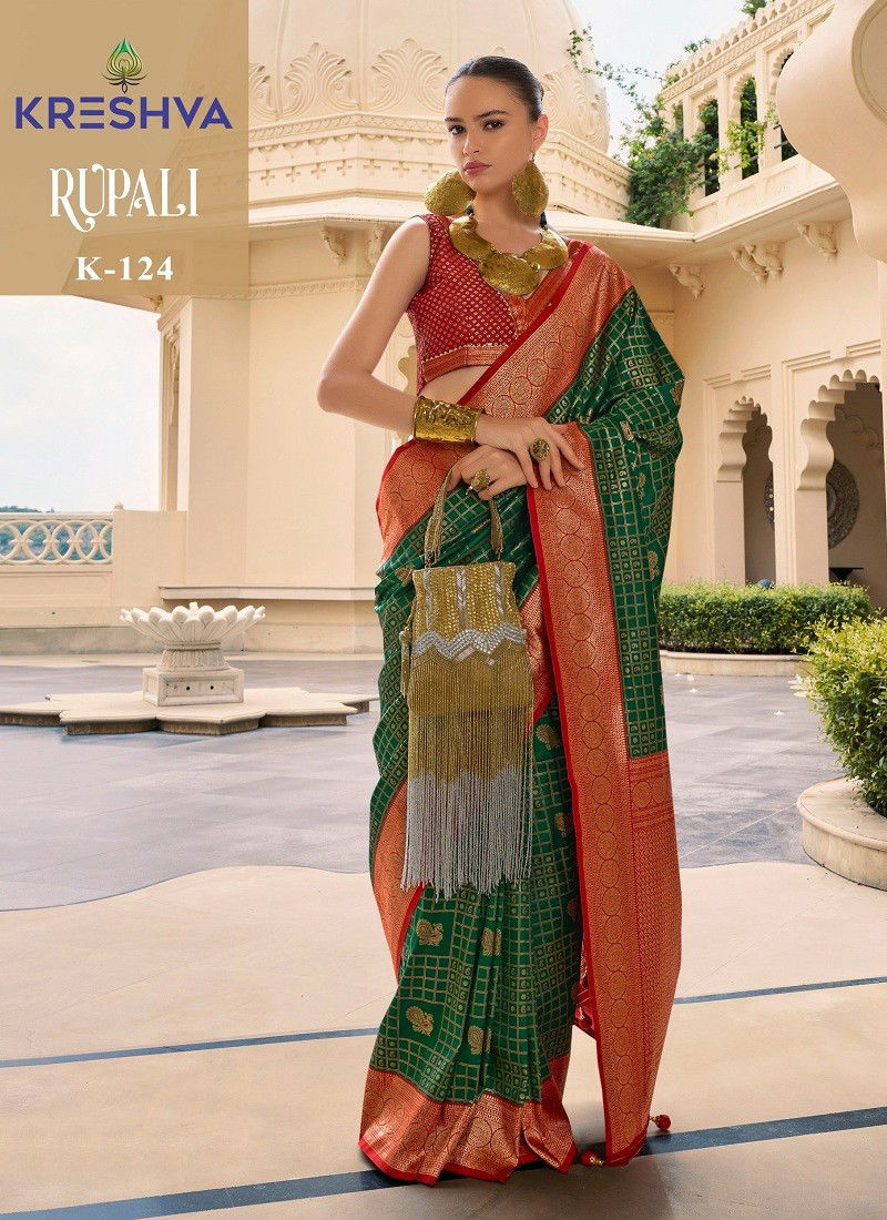 Green Colour Rupali By Kreshva Banarasi Silk Printed Wholesale Saree Suppliers In Mumbai K-124