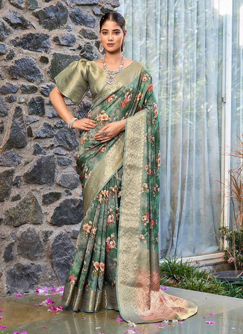 Green Colour SS 173 Flower Printed Litchi Jacquard Womans Saree Wholesalers In Delhi DS-111