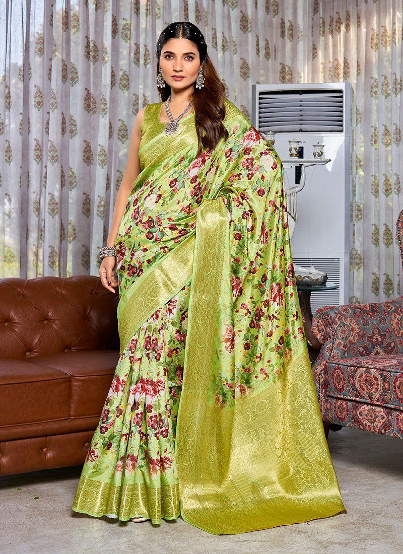 Green Colour SS 174 Flower Printed Silk Womans Wholesale Saree Suppliers In Mumbai DS-115