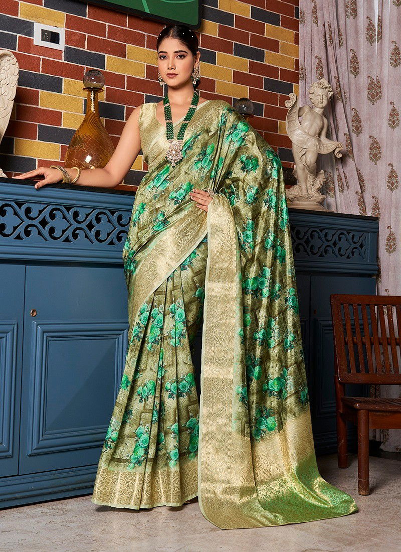 Green Colour SS 175 Flower Printed Silk Womans Saree Wholesale In Delhi DS-118