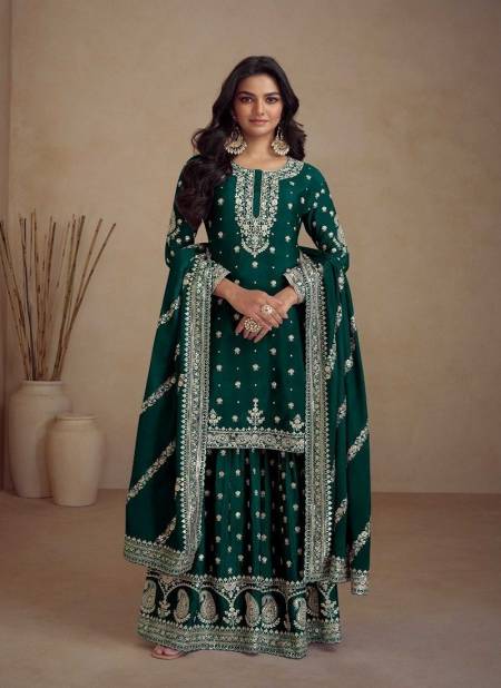 Green Colour Sadaf By Gulkayra Real Chinon Plazoo Readymade Suits Supplier In India 7466-B