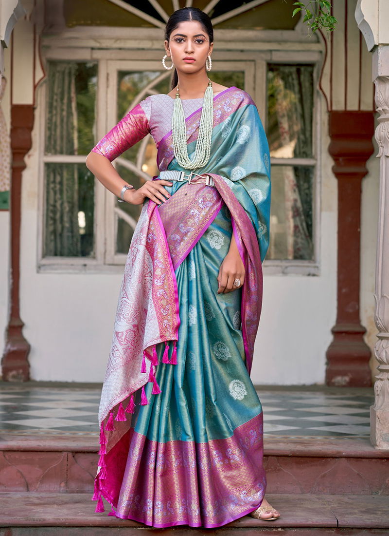 Blue And Pink Colour Sanoja The Fabrica Wedding Wear Wholesale Silk Sarees Catalog 10005