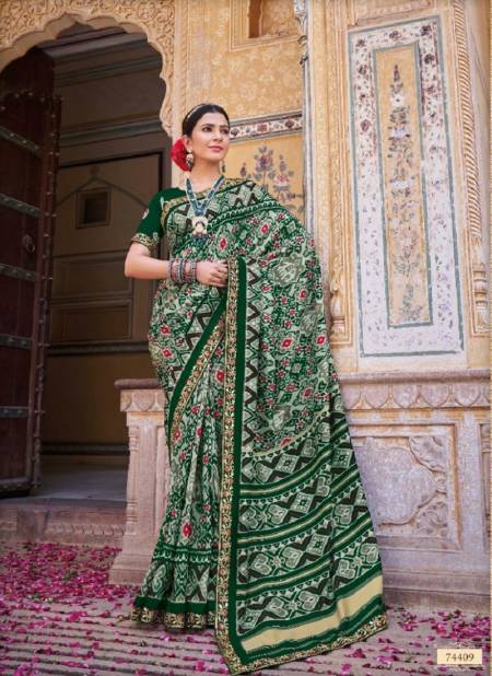 Green Colour Shringar Silk By Vipul Patola Silk Embroidery Lace Work Designer Saree Catalog 74409