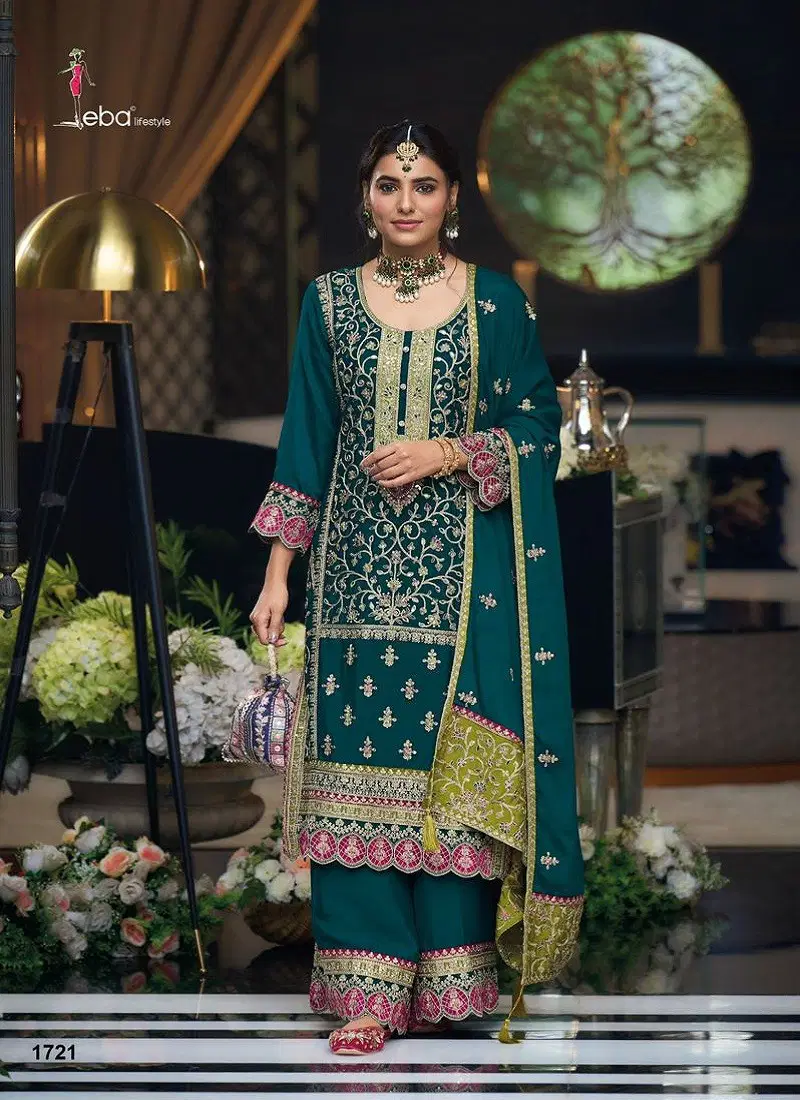 Green Colour Simran By Eba Chinon Embroidery Readymade Suits Wholesale Market In Surat 1721