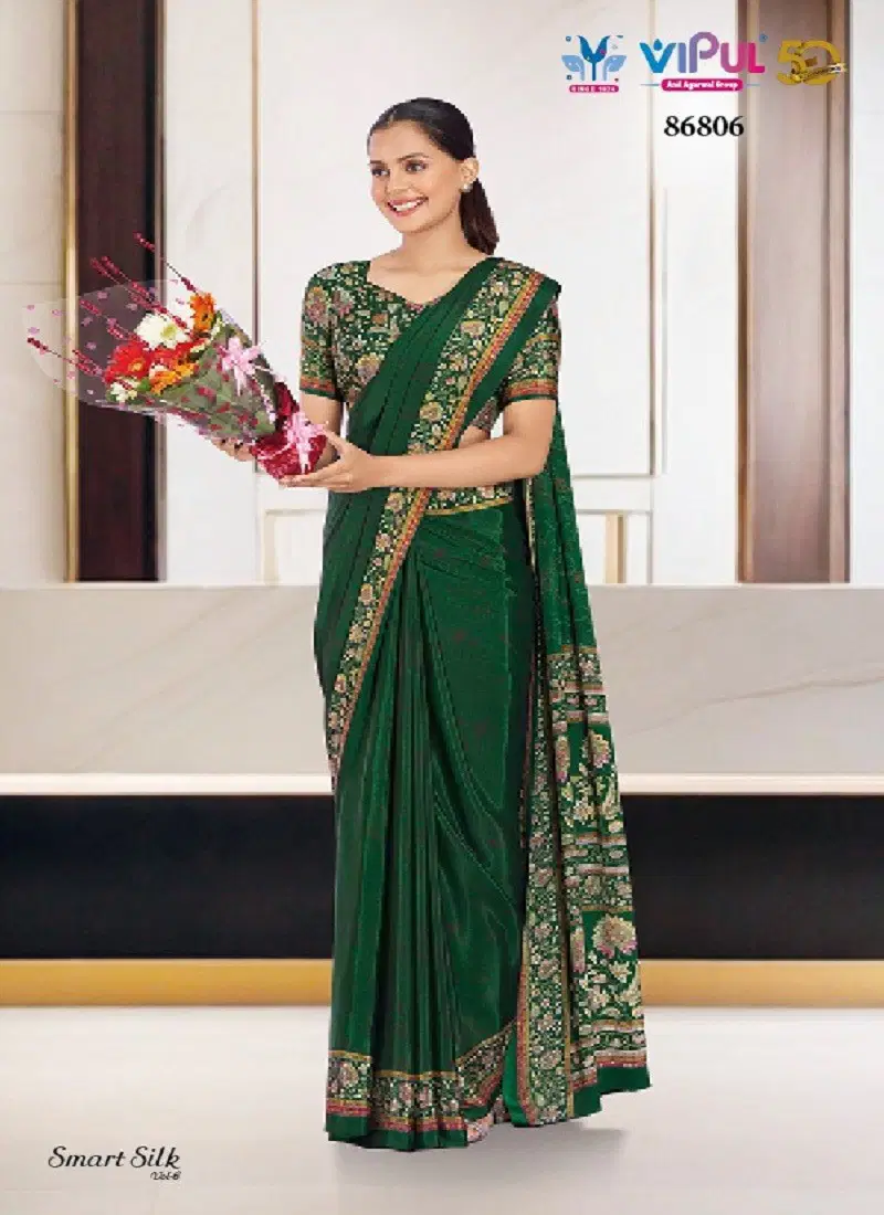 Green Colour Smart Silk Vol 6 By Vipul Crepe Uniform Wear Saree Exporters In India 86806