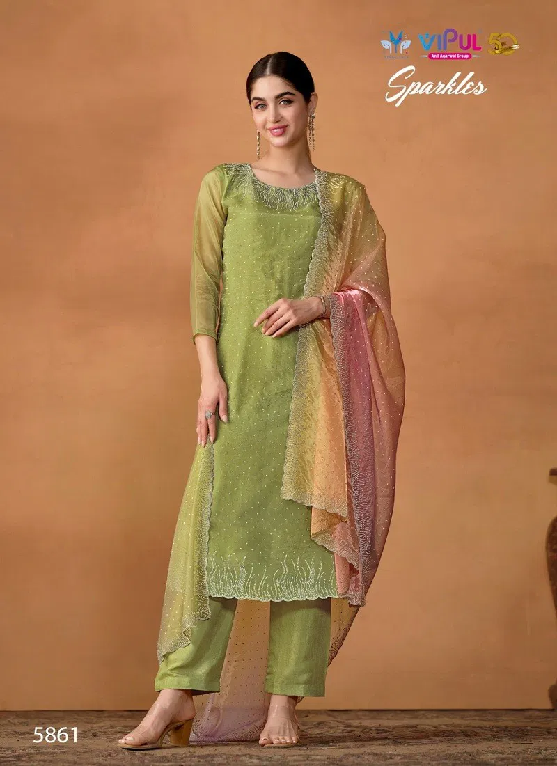 Green Colour Sparkles By Vipul Organza Desginer Salwar Kameez Wholesale Shop In Surat 5861