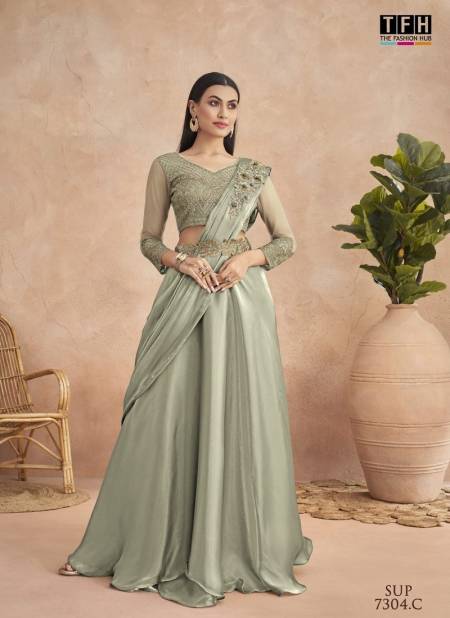 Green Colour Super Star Hit By Tfh Designer Party Wear Readymade Saree Catalog Sup 7304 C