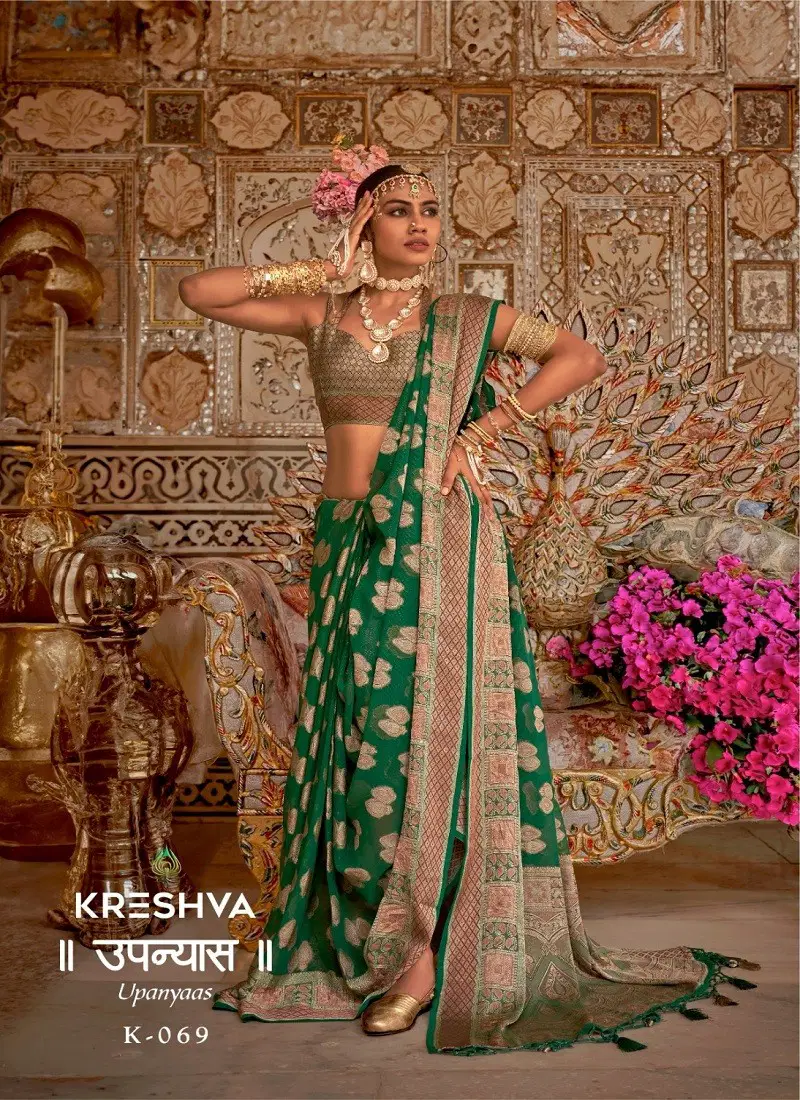 Green Colour Upanyaas By Kreshva Georgtte Wedding Wear Saree Suppliers In India K-069