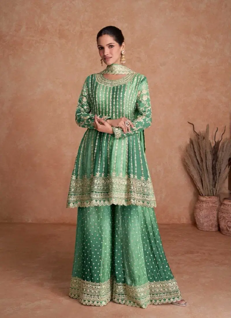 Green Colour Vaani Vol 2 By Gulkayra Real Chinon Sharara Readymade Suits Exporters In India 7407-B