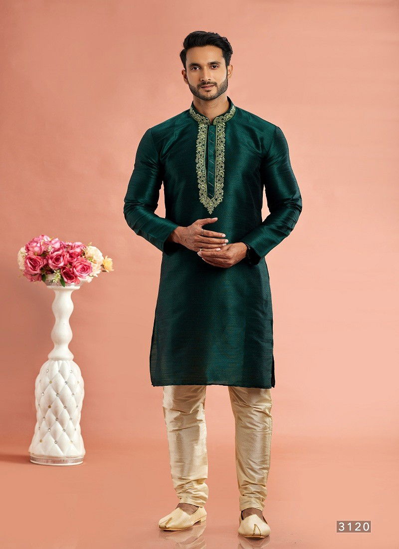 Green Colour Vol 95 Wedding Wear Banarasi Art Silk Mens Kurta Pajama Surat Wholesale Market 3120