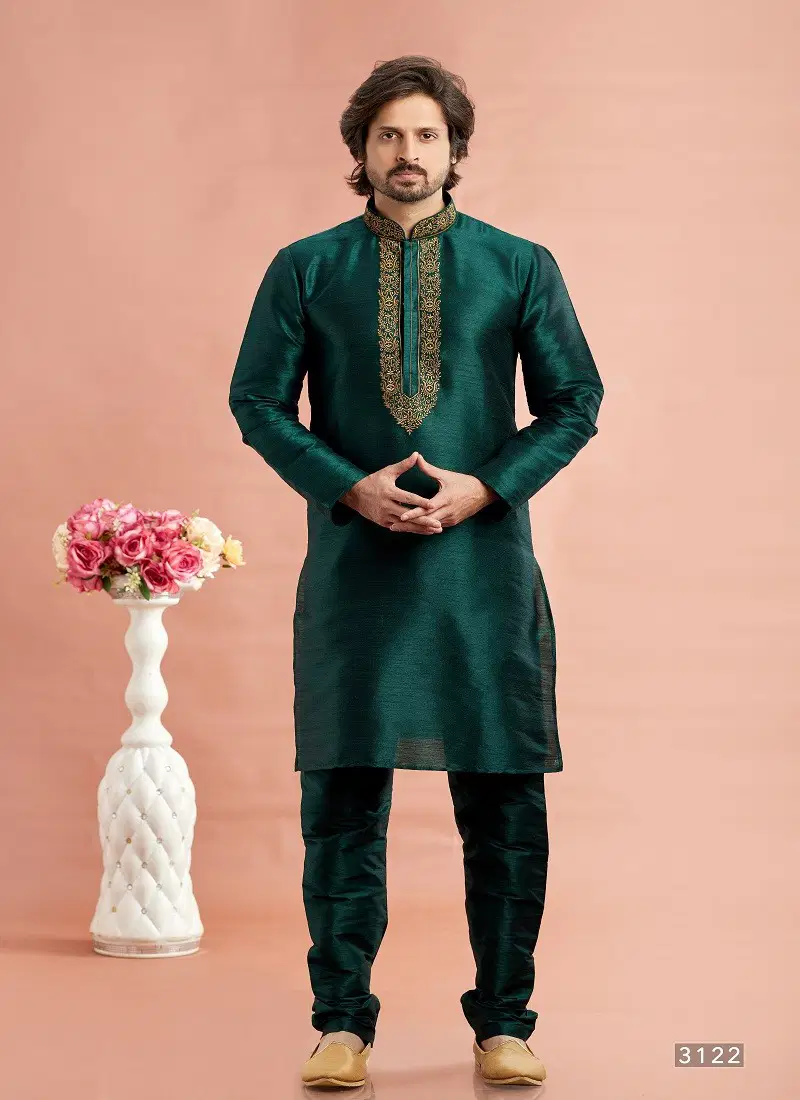 Green Colour Vol 95 Wedding Wear Banarasi Art Silk Mens Kurta Pajama Surat Wholesale Market 3122