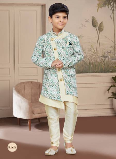 Green Cream Mix Colour Kids Vol 4 Boys Wear Kurta Pajama And Indo Western Catalog K 596
