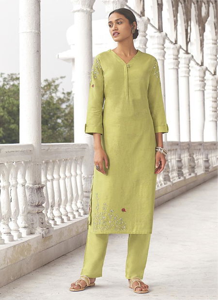 Light Yellow Saanjh Omtex Linen Cotton party wear Handwork Kurtis comes with palazzo Collection 58 Catalog