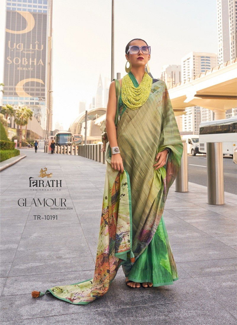 Green Multi Colour Glamour By Trirath Swiss Satin Digital Printed Saree Wholesalers In Delhi 10191