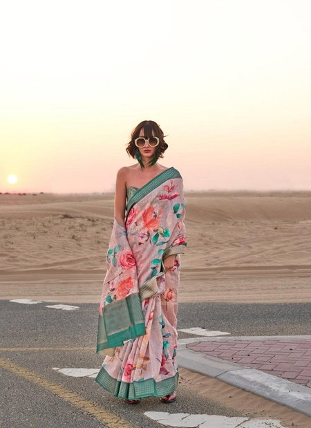 Green Multi Colour Kaffyn By Rajtex Printed Handwoven Linen Sarees Wholesale Market In Surat 380004