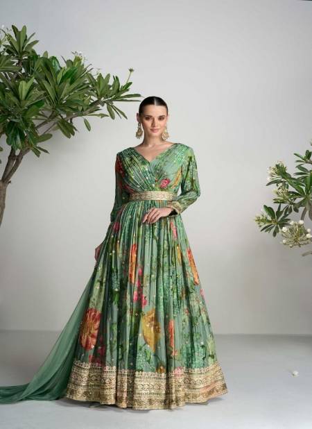 Green Multi Colour Scarlet By Gulkayra Real Chinon Wedding Printed Bulk Gown With Dupatta Orders In India 7464