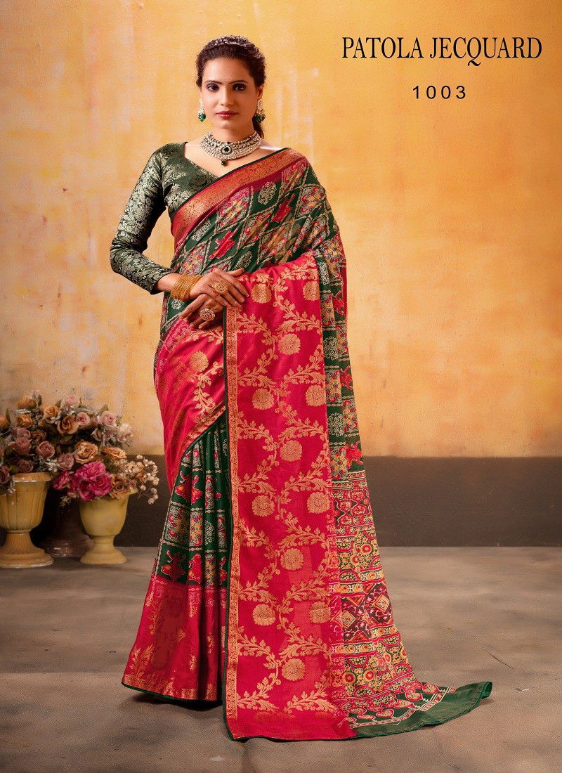 Green Red Colour Patola Jequard By Sr Maslin Wedding Wear Saree Exporters In India 1003