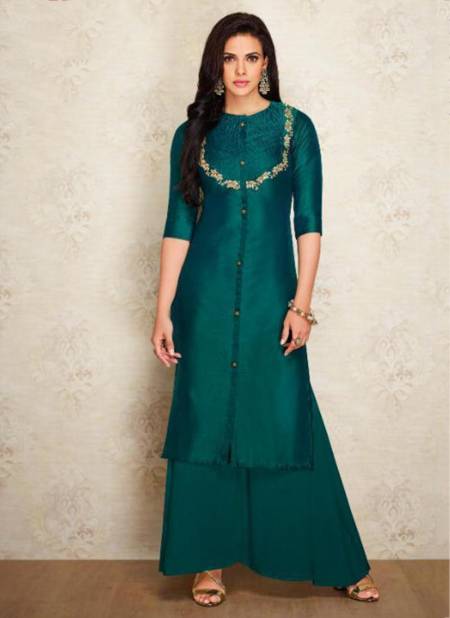 Green Festive Wear Viscos Silk New Designer Embroidery Work Party Wear Kurtis With Palazzo 406 Catalog