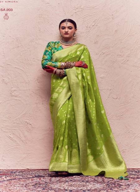 Green Sindhuri Kasturi By Kimora Zari Weaving Dola Silk Saree Catalog SA 203