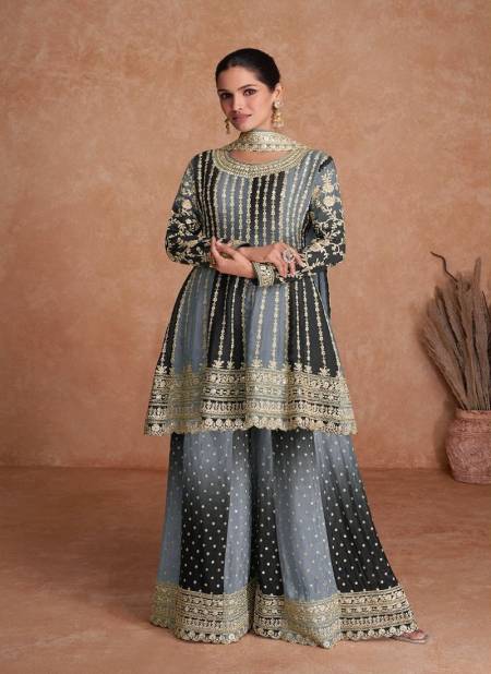 Grey And Black Colour Vaani Vol 2 By Gulkayra Real Chinon Sharara Readymade Suits Exporters In India 7407-H