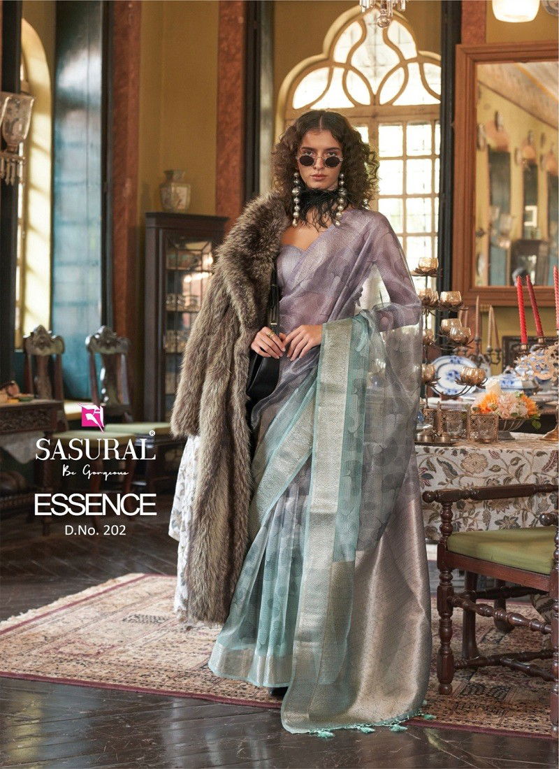 Grey And Blue Colour Essance By Sasural Digital Printed Banarasi Weave Organza Wholesale Saree In India 202