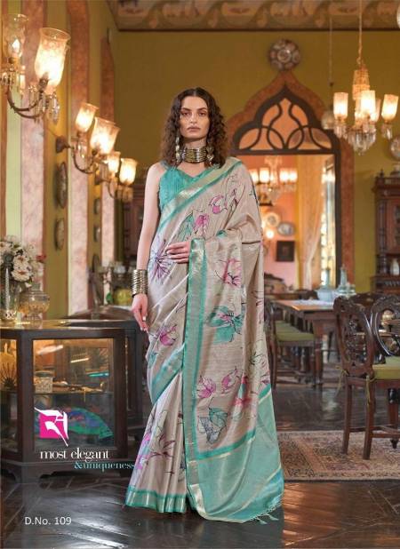 Grey And Firozi Colour Story By Sasural Wedding Wear Printed Soft Banarasi Silk Saree Wholesale Online 109