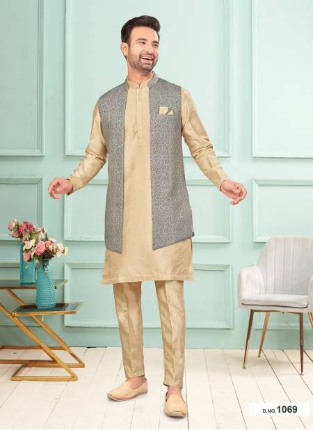 Grey And Gold Colour GS Fashion Wedding Wear Mens Designer Modi Jacket Kurta Pajama Wholesale Online 1069