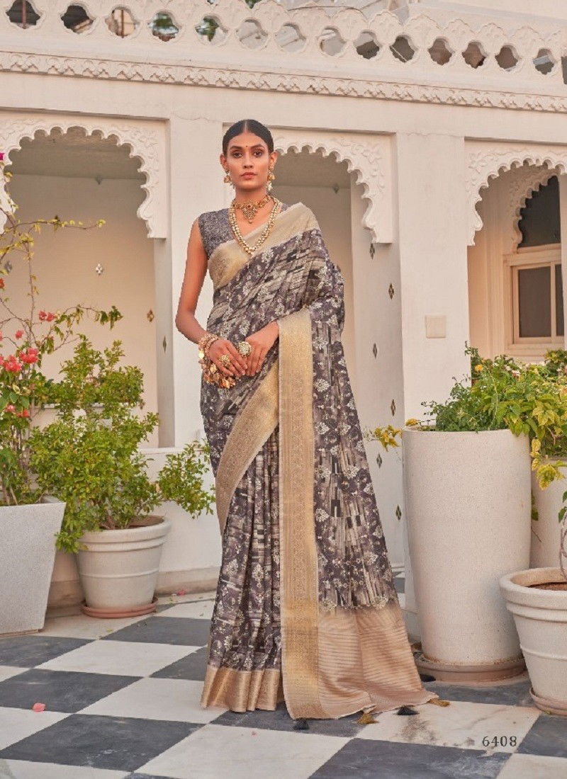 Grey And Gold Colour Saanj By Pankh Khadi Silk Digital Print Saree Exporters In India 6408