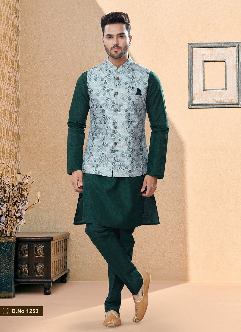 Grey And Green Vol 15 Wedding Wear Mens Modi Jacket Kurta Pajama Surat Wholesale Market 1253